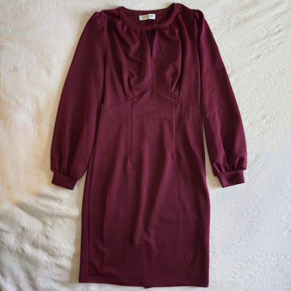 Kate Kasin Red Long-Sleeve Burgundy Evening Midi Dress with Keyhole Size S